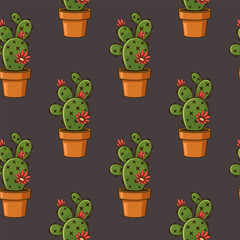 Obraz premium Seamless pattern with houseplants. Home garden, potted plant concept. Indoor flowers background. Hand Drawn vector illustration for wrapping paper, scrapbooking, product design