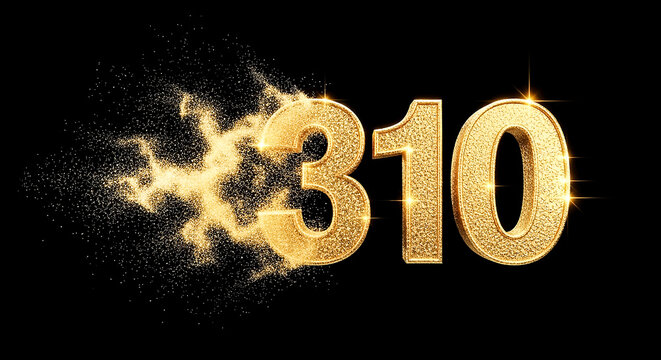 Striking digital illustration of a sparkling explosion forming the number 310 in bold, golden metallic style against a deep black backdrop.