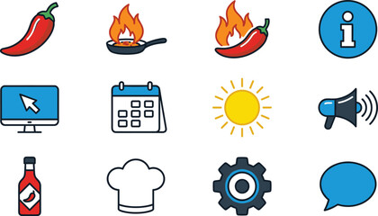 Fototapeta premium Spicy Food and Restaurant Website Interface Icon Set with Chili Pepper Hot Sauce Chef Hat Megaphone Calendar and Settings Symbols for Vector Design