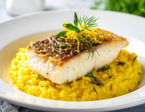 Wolfsbarsch auf Safran-Fenchel-Risotto
