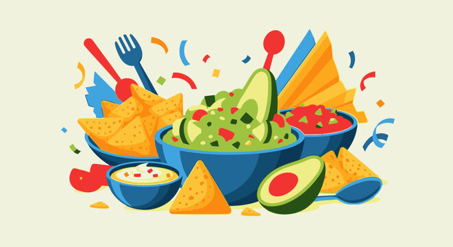 Vibrant still life of guacamole and nachos on a festive table