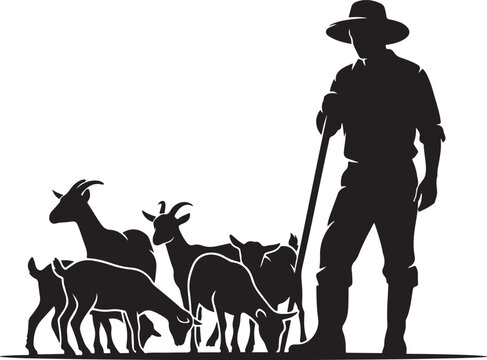 Black silhouette of man herding goats with stick herder