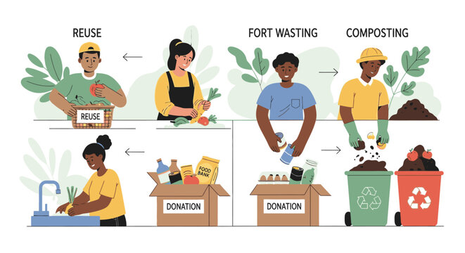People are donating and composting food waste in an urban environment