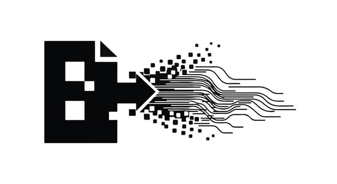 Document icon transforms into a digital stream of data pixels and electronic circuit lines to represent modern information transfer and business automation.