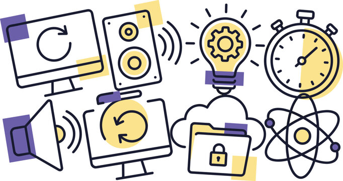 Modern Technology and Digital Productivity Line Icon Set with Computer, Speaker, Lightbulb, Stopwatch, and Atom Symbols for Business Web Graphic Design