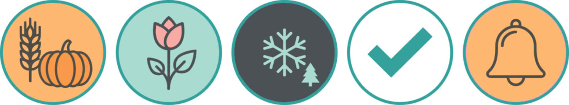 Minimalist Season Icon Set Featuring Autumn Harvest Spring Flower Winter Snowflake Summer Check Mark and Notification Bell Symbols for App UI Design