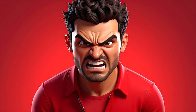 Angry man with red eyes and shirt.