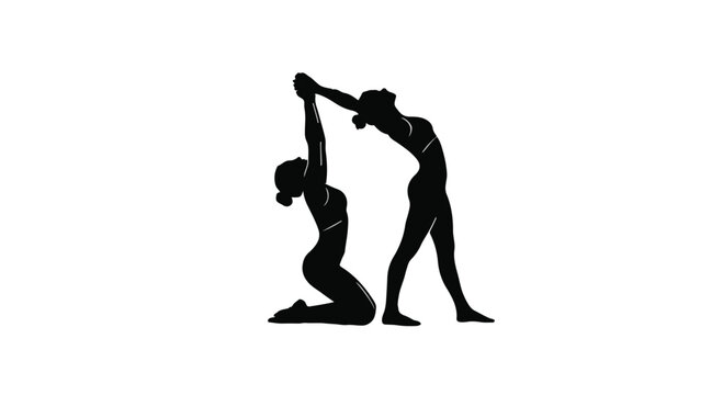 Women silhouettes perform a synchronized yoga pose demonstrating balance and physical flexibility in a wellness studio.