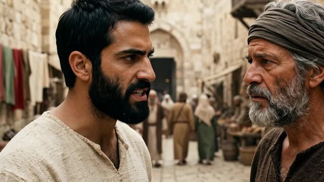 Apostle Paul speaks intensely to a mature bearded disciple expressing deep faith and religious devotion during biblical christian ministry in an ancient middle eastern city street with local people