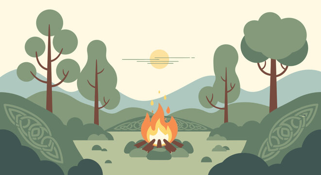People gather around a campfire in a serene natural landscape with trees and hills at sunset.