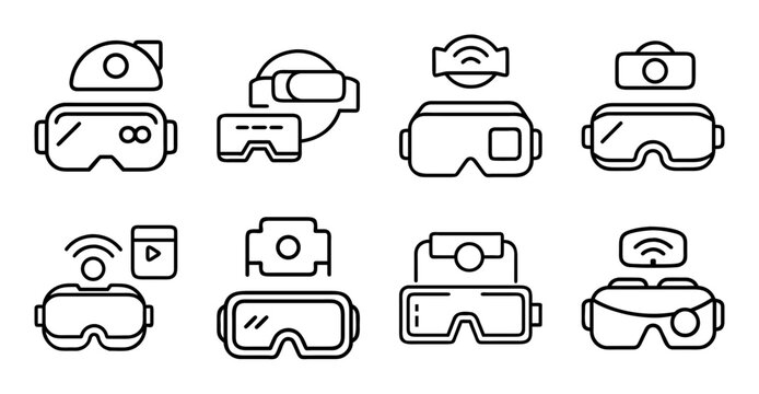Flat virtual reality and tech icons set - Minimalist icons showing VR headsets, robot, and tech symbols in a clean design style.