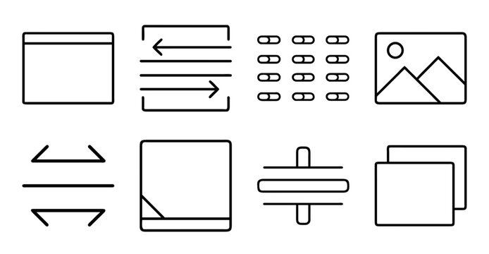 Minimalist arrow and icon set collection - Simple clean vector icons showing arrows, grid, photo, and file folder designs for digital projects.