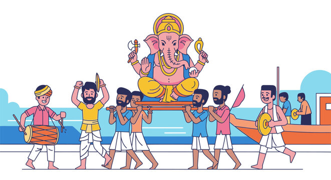People celebrate with a colorful parade and dancing around Ganesha statue on water