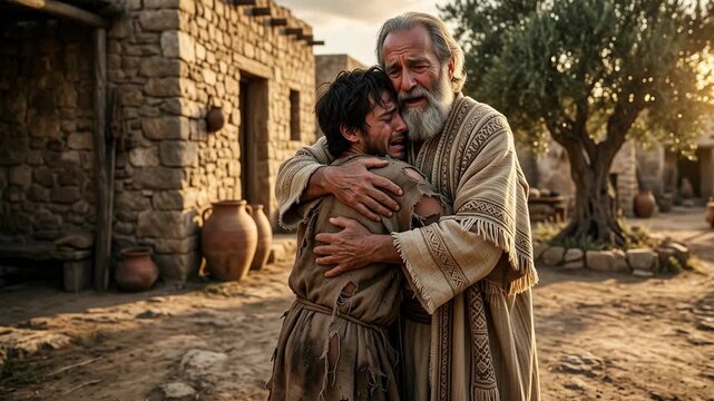Emotional biblical scene showing the older father hugging his crying prodigal son in rustic earthy tones outside an ancient stone village representing forgiveness love and profound religious christian