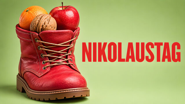 A vibrant red boot brimful of crisp apple, juicy orange, and wholesome walnut, symbolizing a cherished European winter holiday tradition