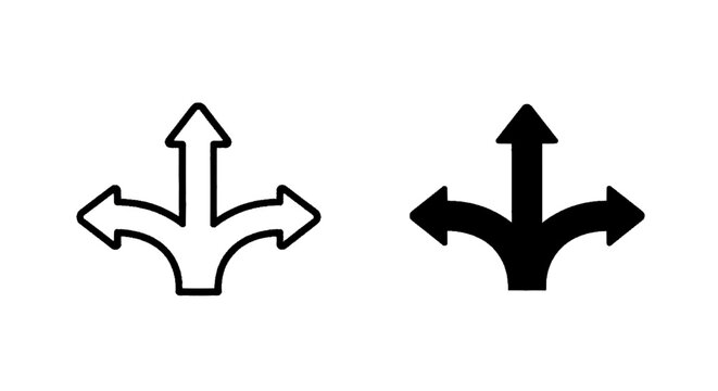 Vector illustration of set of threeway split arrows, outline and solid icons, on a transparent background
