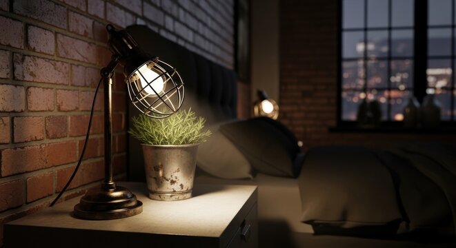 Industrial caged spotlight bedside lamp casting warm glow on a potted plant and bedside table