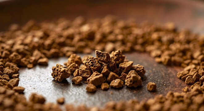 Premium Macro Shot of Instant Coffee Granules with Authentic Rough Texture and Soft Natural Lighting, Cinematic Professional Food Photography, High-Resolution Detail for Commercial Advertising and Bev