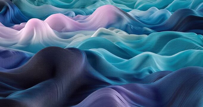 Abstract blue and purple flowing 3D topographical waves with fine linear ridges creating serene digital landscape of undulating teal and pink peaks and valleys.