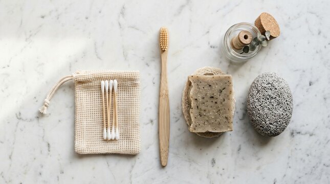 Zero Waste Eco Lifestyle Flat Lay with Bamboo Toothbrush and Soap
