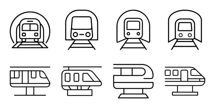 Modern train and monorail transportation icons - Minimalist vector icons of trains and monorails for transportation, travel, and city infrastructure designs.