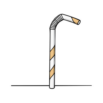 Single bendy drinking straw with brown and white stripes on a white background