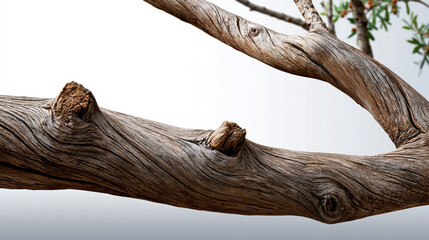 Obraz premium Driftwood wood branch texture nature closeup weathered dry organic detail Gnarly weathered driftwood branch with intricate grain, dry knots and smooth organic texture neutral background creating