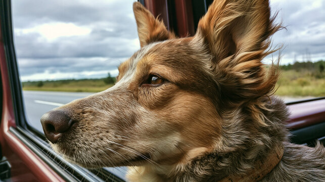 Dog in Car Window: Happy Pet on Scenic Travel Adventure - Exploring Nature and Freedom