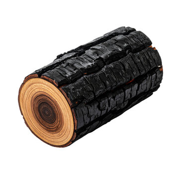 Charred wood log, natural texture, round shape, rustic, isolated on transparency background