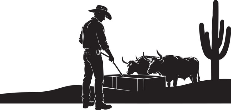 Cowboy standing by trough with oxen and cactus silhouette