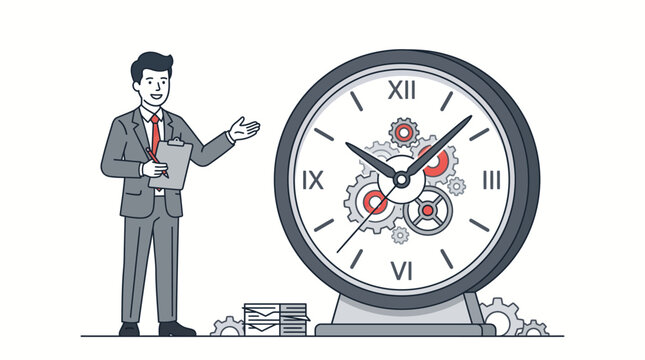 Professional businessman presenting a large clock with internal gears representing time management and productivity.