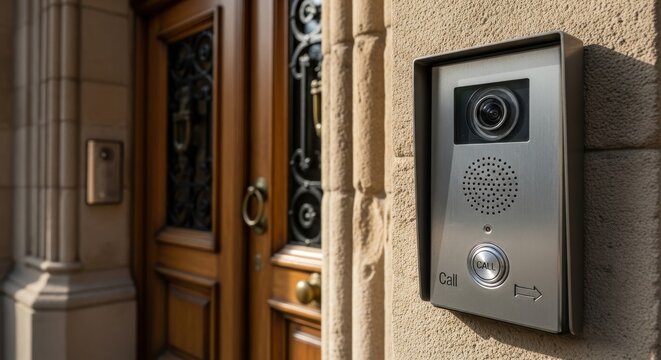 Compact audio visual intercom unit with integrated camera and speaker mounted on textured wall beside wooden door