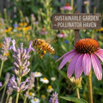 Macro photography of a honey bee collecting nectar from vibrant coneflowers in a blooming garden. Detailed pollination scene featuring colorful petals, natural sunlight, biodiversity, ecology, and spr