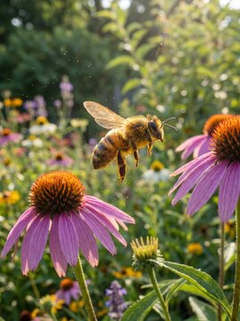 Macro photography of a honey bee collecting nectar from vibrant coneflowers in a blooming garden. Detailed pollination scene featuring colorful petals, natural sunlight, biodiversity, ecology, and spr