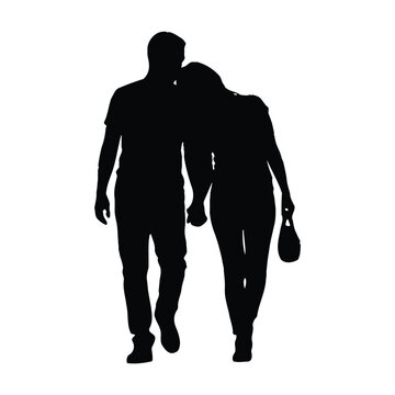 Minimalist Black Silhouette of Romantic Couple Walking, Affectionate Partners Holding Hands and Strolling Graphic, World Friendship Day
