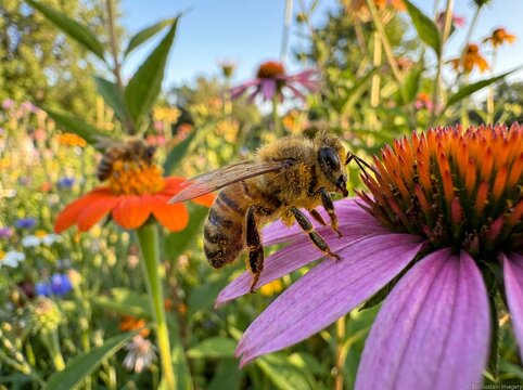 Macro photography of a honey bee collecting nectar from vibrant coneflowers in a blooming garden. Detailed pollination scene featuring colorful petals, natural sunlight, biodiversity, ecology, and spr