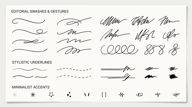 Handwritten swashes, gestures, underlines, and minimalist accents, vector illustration