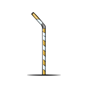 Isolated bendy drinking straw with yellow and white stripes and a golden tip