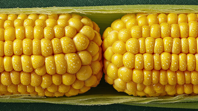 Close up of golden sweet corn cobs with green husk showing kernels texture