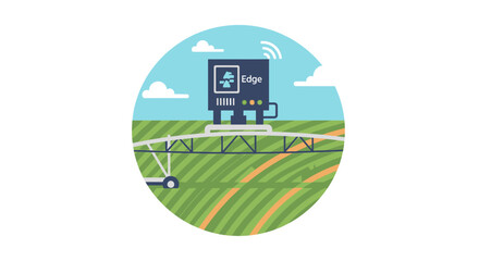 Obraz premium Smart Farming and Automated Irrigation System Illustration featuring Edge Computing Technology for Precision Agriculture and IoT Connectivity in a Green Field