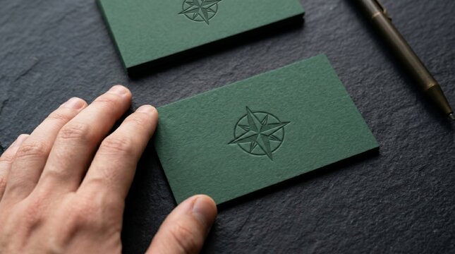 Person touching green business card with embossed compass logo on a dark slate surface for professional branding mockup