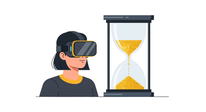 Woman in VR Headset Observing Hourglass with Falling Binary Code, Digital Time and Future Technology Concept Illustration