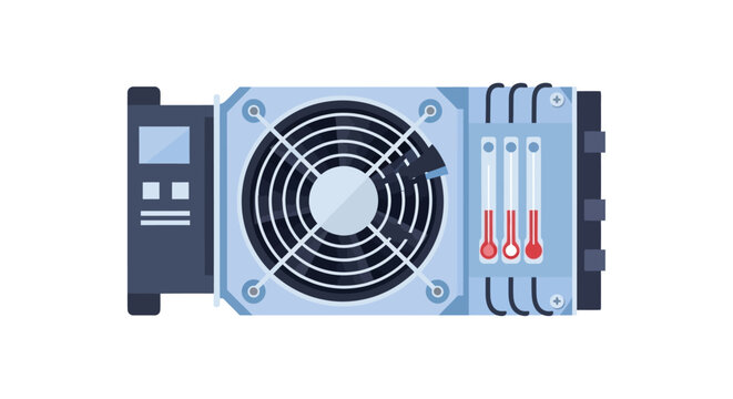 Flat Vector Illustration of a Graphics Card GPU for Cryptocurrency Mining and Gaming with Cooling Fan and Temperature Indicators