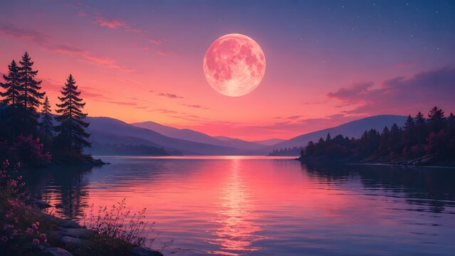 Serene strawberry full moon reflecting in wilderness lake surrounded by forest and mountains under starry sky.