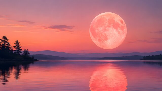 Beautiful pink strawberry full moon over calm lake water and pine tree forest silhouette at dusk.