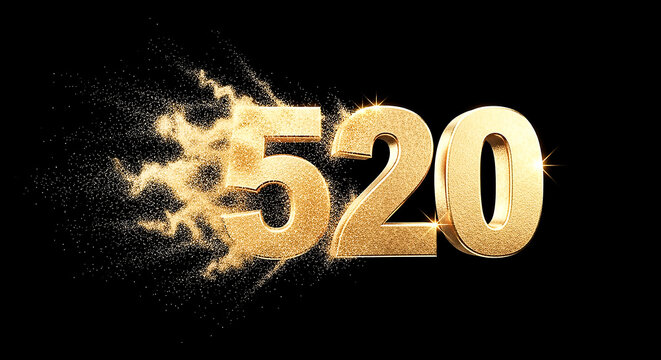 Vibrant golden number 520 exploding with confetti sparks, ideal for celebrations, special dates, or creative designs.