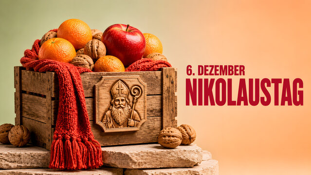 Nikolaustag Celebration A Wooden Crate Filled with Festive Fruits and a Warm Scarf