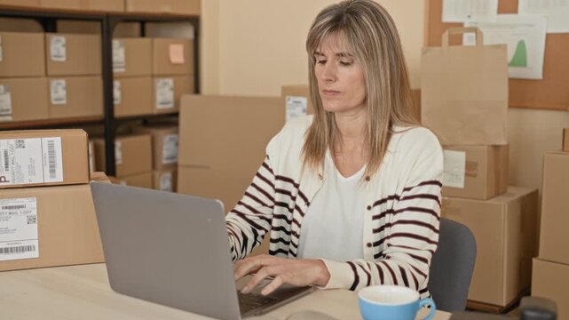 Woman typing on laptop while surrounded by stacked shipping parcels and priority mail boxes, hands on keyboard, checking order labels in building; focused.