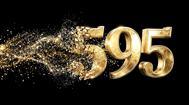 Striking 3D golden number 595 exploding with glittery particles against a dark background for celebration or milestone emphasis.