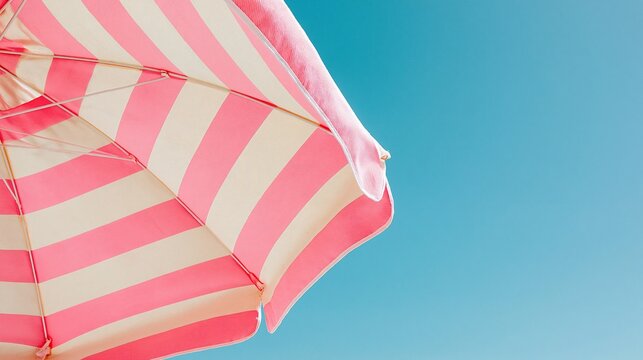 Close up corner view of pink and cream striped beach umbrella fabric against bright clear blue sky on a sunny summer day minimalist aesthetic